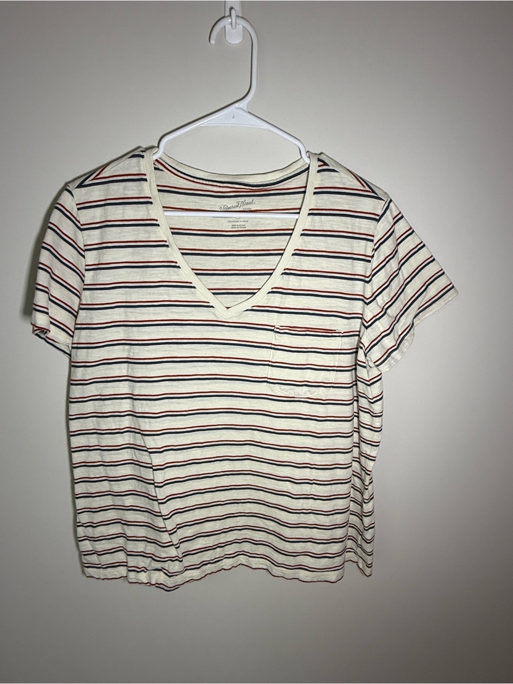 Universal Thread Cream V-Neck Tee with Navy & Red Stripes